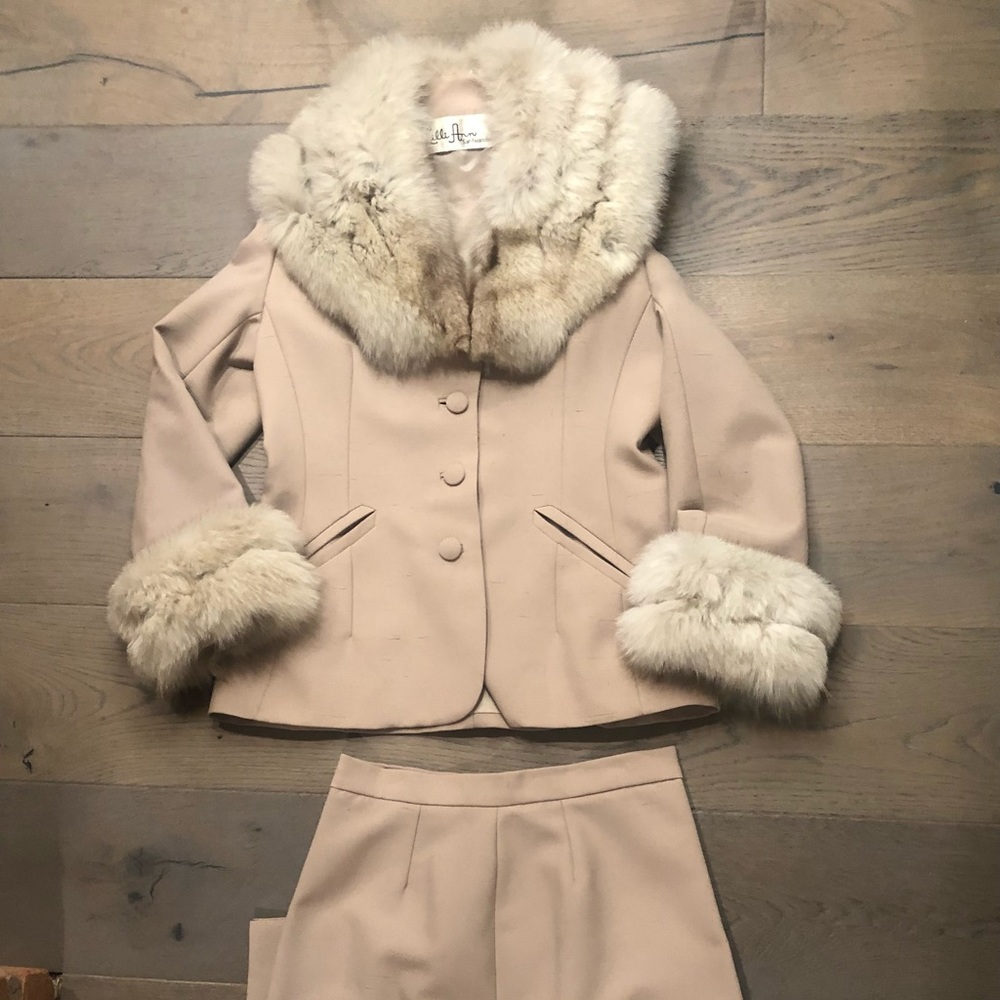 Vintage 1970s does 1940s Lilli Ann Fox Fur Jacket Skirt Suit set pinup Nudie MOD